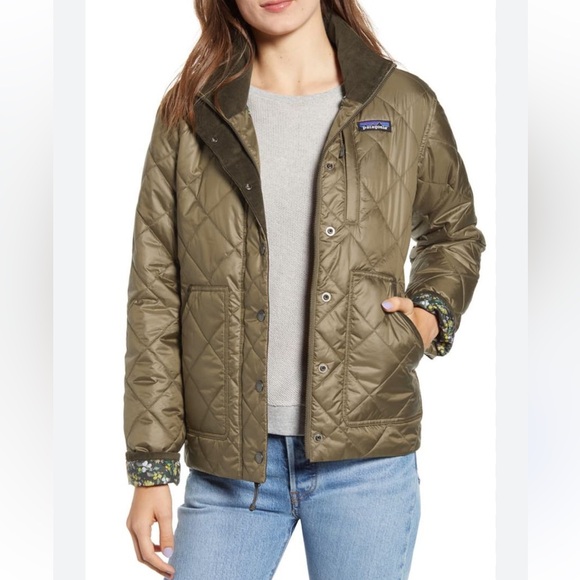 Patagonia Green Olive Quilted Jacket with Floral Lining - Picture 1 of 16